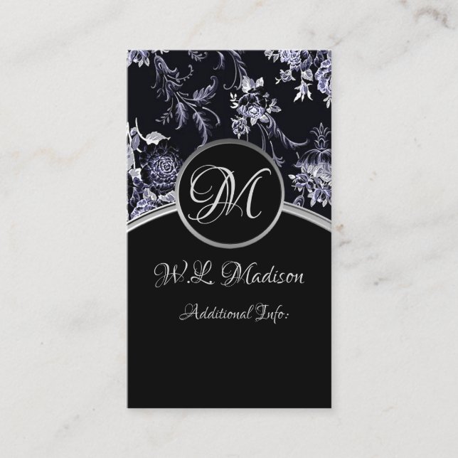 Monogram Silver Floral Business Card 3 (Front)