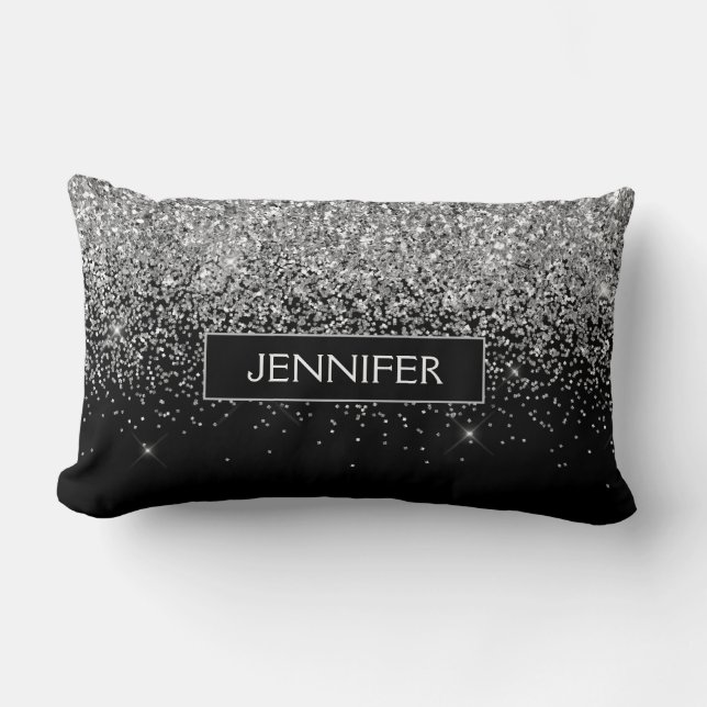Monogram Silver Glam Glitter Sparkle Name Lumbar Cushion (Front)