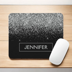 Monogram Silver Glam Glitter Sparkle Name Mouse Pad