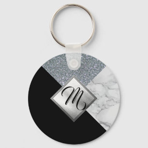 Monogram  - Silver Glitter, Black and Marble Key Ring