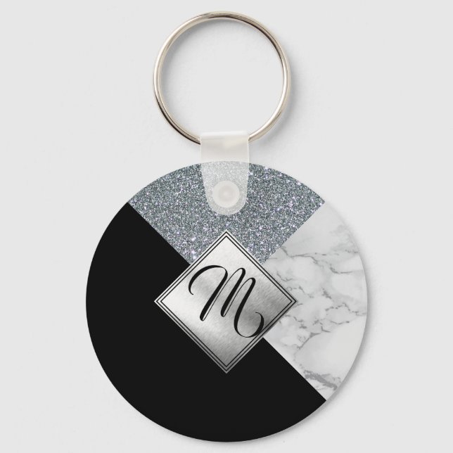 Monogram  - Silver Glitter, Black and Marble Key Ring (Front)