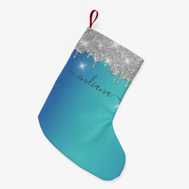 Monogram Silver Glitter Blue Turquoise Ombre Name Small Christmas Stocking (Front (Hanging))