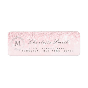 Monogram Silver Glitter Candy Pink RSVP Bridal Return Address Label