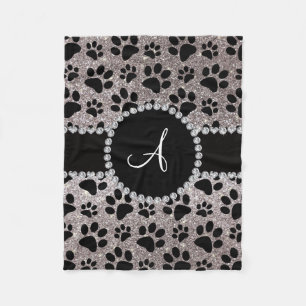 Monogram silver glitter dog paws fleece blanket