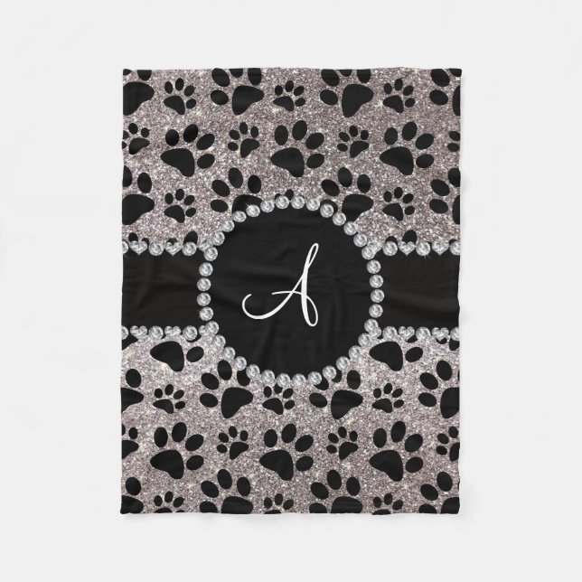 Monogram silver glitter dog paws fleece blanket (Front)
