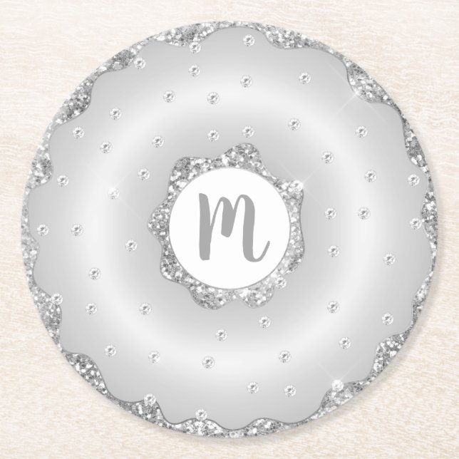 Monogram silver glitter doughnut chic script girly round paper coaster (Front)