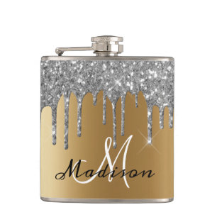 Monogram Silver Glitter Drips Girly Sparkle Flask