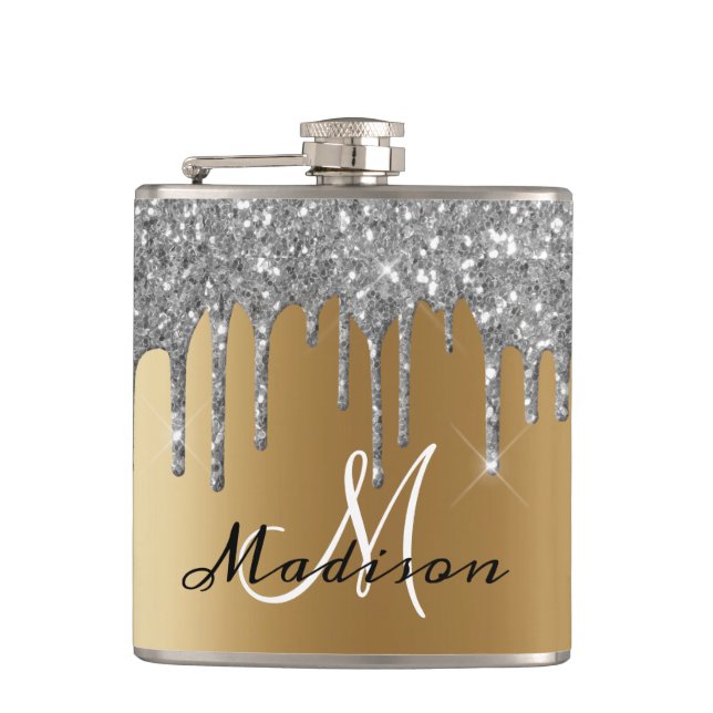 Monogram Silver Glitter Drips Girly Sparkle Flask (Front)