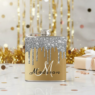 Monogram Silver Glitter Drips Girly Sparkle Flask