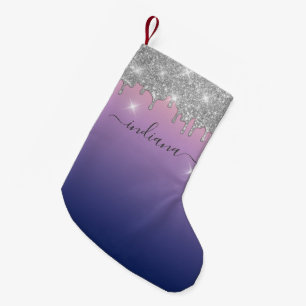 Monogram Silver Glitter Holiday Purple Ombre Name Small Christmas Stocking