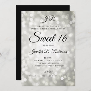 Monogram Silver Glitter Lights Sweet 16 Birthday Invitation