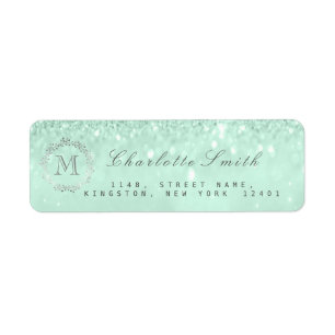 Monogram Silver Glitter Mint Green RSVP Bridal Return Address Label