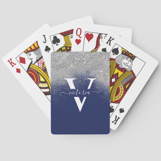 Monogram Silver Glitter Navy Blue Sparkle Custom Playing Cards (Back)