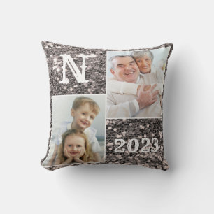 Monogram Silver Glitter Photo Christmas Holiday Cushion