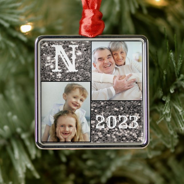 Monogram Silver Glitter Photo Christmas Holiday  Metal Ornament (Tree)