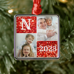 Monogram Silver Glitter Photo Christmas Holiday  Metal Ornament