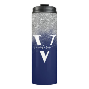 Monogram Silver Glitter Sparkles Navy Blue Custom Thermal Tumbler