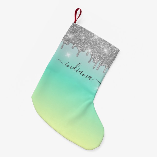 Monogram Silver Glitter Turquoise Ombre Name Small Christmas Stocking (Front (Hanging))