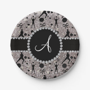 Monogram silver glitter volleyball players paper plate
