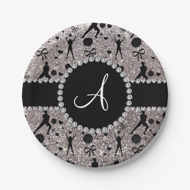 Monogram silver glitter volleyball players paper plate (Front)