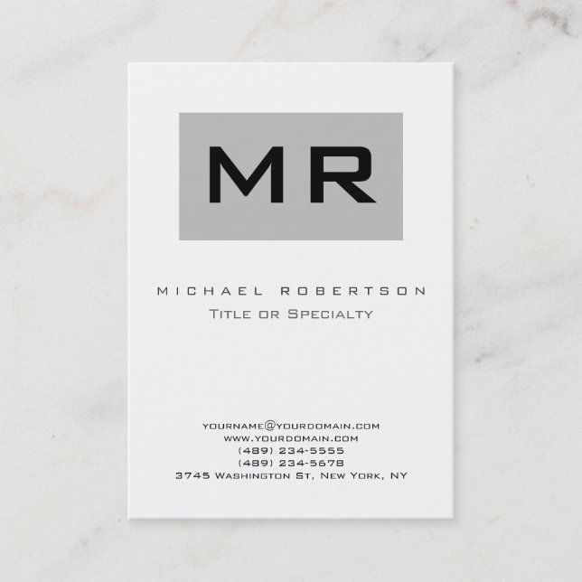 Monogram Silver Grey White Chubby Business Card (Front)