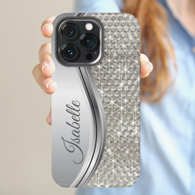 Monogram Silver Metal Faux Glitter  Bling Samsung Galaxy S22 Case (Creator Uploaded)