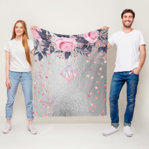 Monogram Silver Navy Rosegold Girly Newlyweds Gift Fleece Blanket