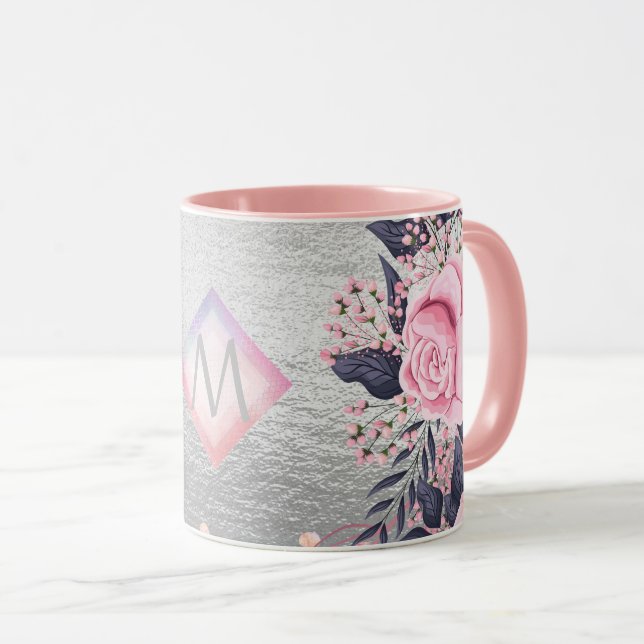 Monogram Silver Navy Rosegold Girly Newlyweds Gift Mug (Front Right)