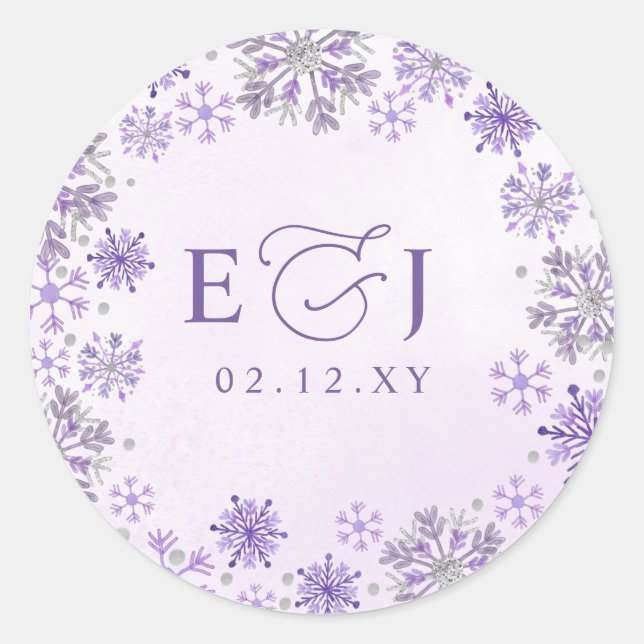 Monogram Silver Purple Snowflakes Winter Wedding Classic Round Sticker (Front)