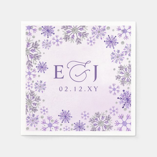 Monogram Silver Purple Snowflakes Winter Wedding Napkin (Front)