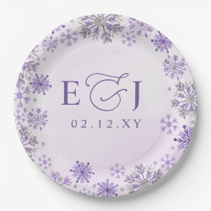 Monogram Silver Purple Snowflakes Winter Wedding Paper Plate