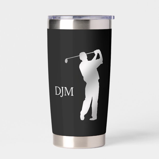 Monogram Silver Silhouette Golfer on Black Insulated Tumbler (Left)