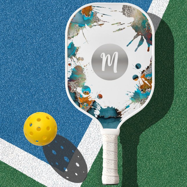 Monogram Silver Turquoise Orange Abstract Splatter Pickleball Paddle (Creator Uploaded)