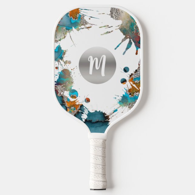 Monogram Silver Turquoise Orange Abstract Splatter Pickleball Paddle (Front)
