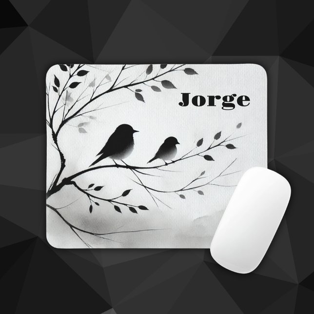 Monogram Simple Black and White Birds in Trees |  Mouse Pad (Creator Uploaded)