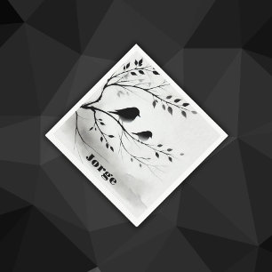 Monogram Simple Black and White Birds in Trees    Napkin