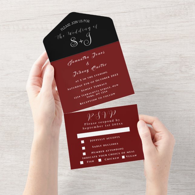 Monogram Simple Black Burgundy Calligraphy Wedding All In One Invitation (Tearaway)