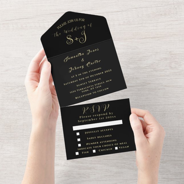 Monogram Simple Black Gold Calligraphy Wedding All In One Invitation (Tearaway)