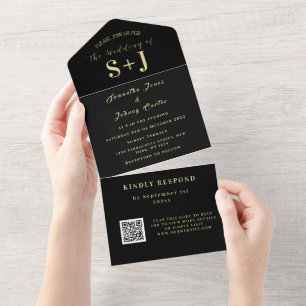 Monogram Simple Black Gold QR Code Wedding All In One Invitation