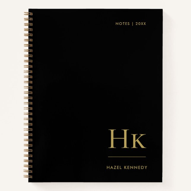 Monogram Simple Elegant Black Gold Personalised Notebook (Front)