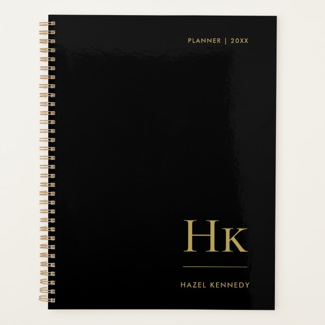 Monogram Simple Elegant Black Gold Personalised Planner (Front)