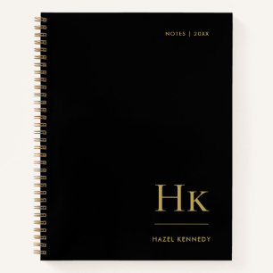Monogram Simple Elegant Black Gold Personalized Notebook