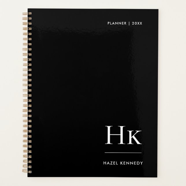 Monogram Simple Elegant Black Personalised Name Planner (Front)