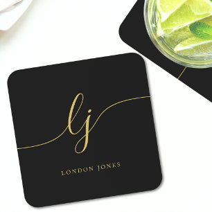 Monogram Simple Elegant Calligraphy Black Gold Coaster