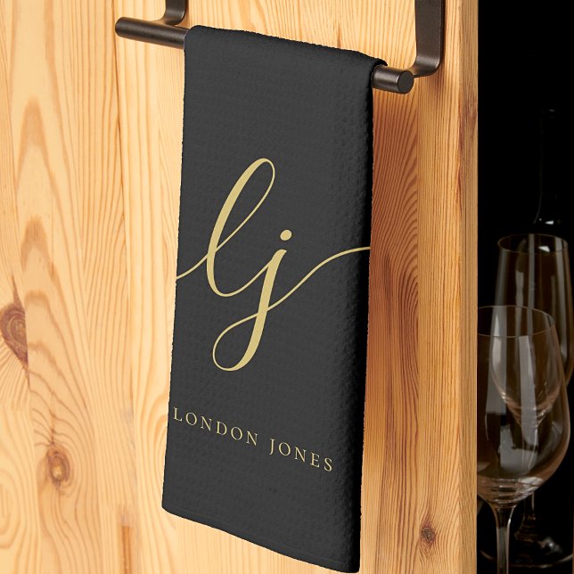 Monogram Simple Elegant Calligraphy Black Gold Tea Towel (Creator Uploaded)