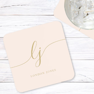 Monogram Simple Elegant Calligraphy Blush Gold Coaster