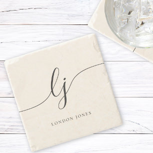 Monogram Simple Elegant Calligraphy Feminine Ivory Stone Coaster