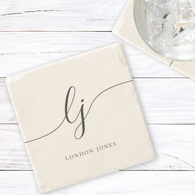 Monogram Simple Elegant Calligraphy Feminine Ivory Stone Coaster (Creator Uploaded)