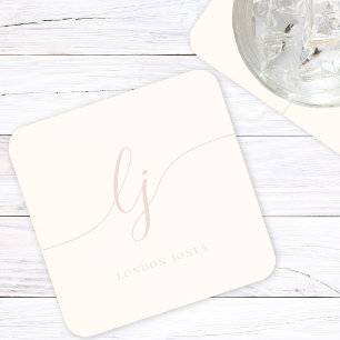 Monogram Simple Elegant Calligraphy Ivory Pink Coaster