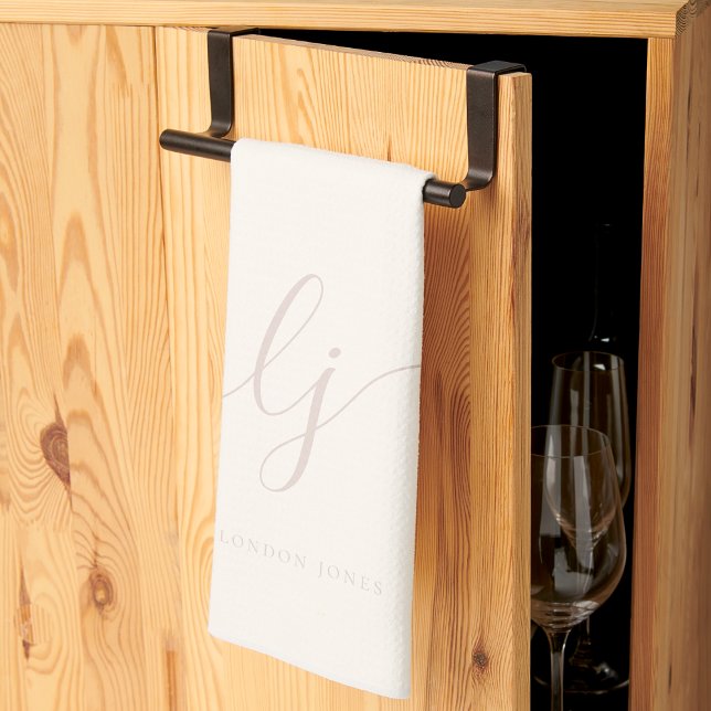 Monogram Simple Elegant Calligraphy Ivory Pink Tea Towel (Creator Uploaded)